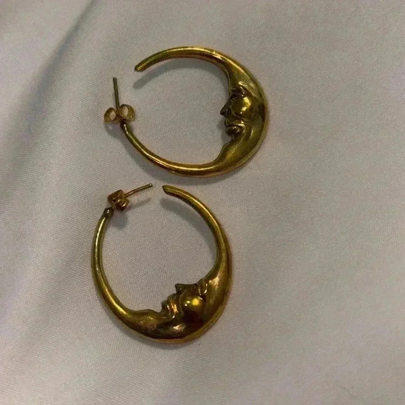 Pure Brass Moon Earrings Handmade by MOONFLOWER Works - Picture 2 of 4